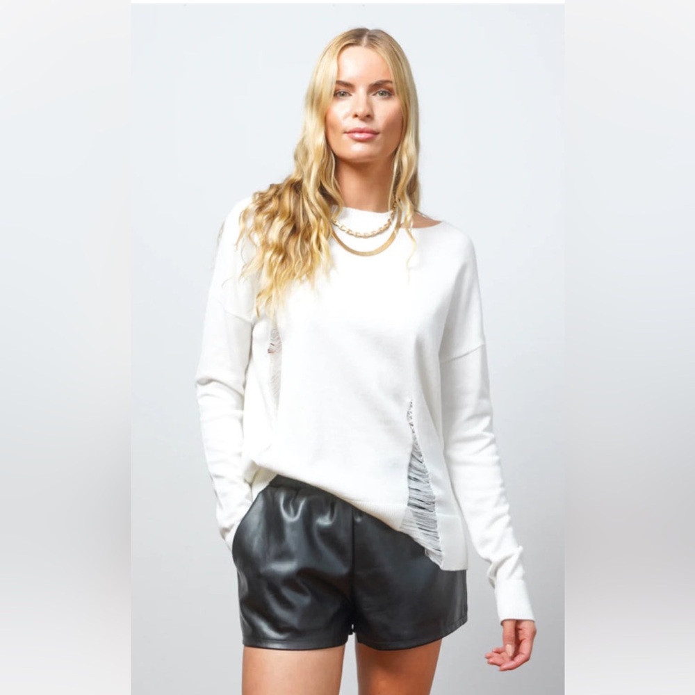 Central Park West Stevie Distressed Sweater. NWT. white. 100% cotton. Size Small